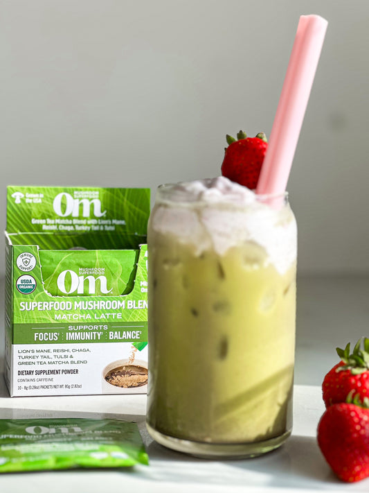 iced matcha latte with strawberry coconut cream