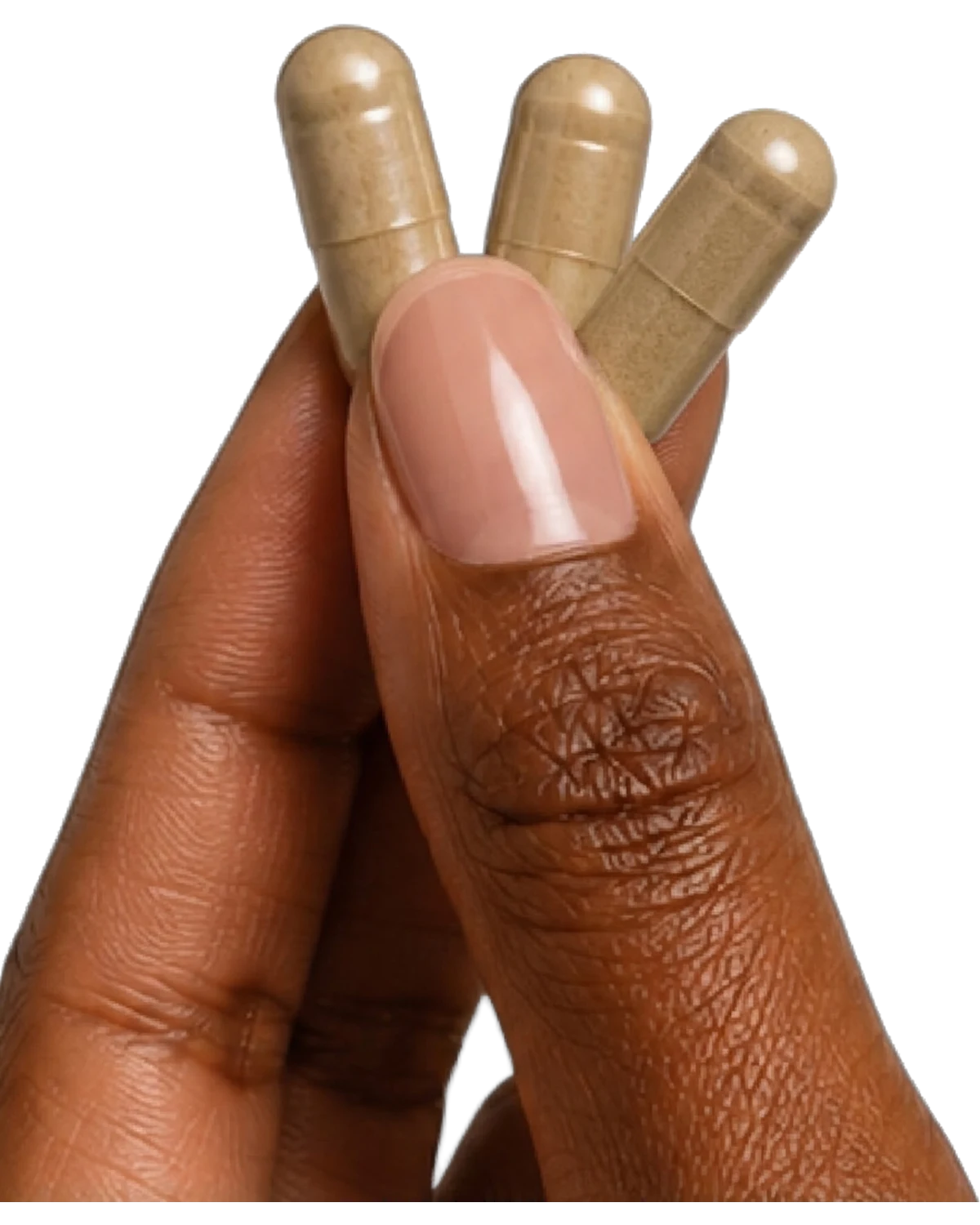 Three capsules held up between a thumb and fingers.