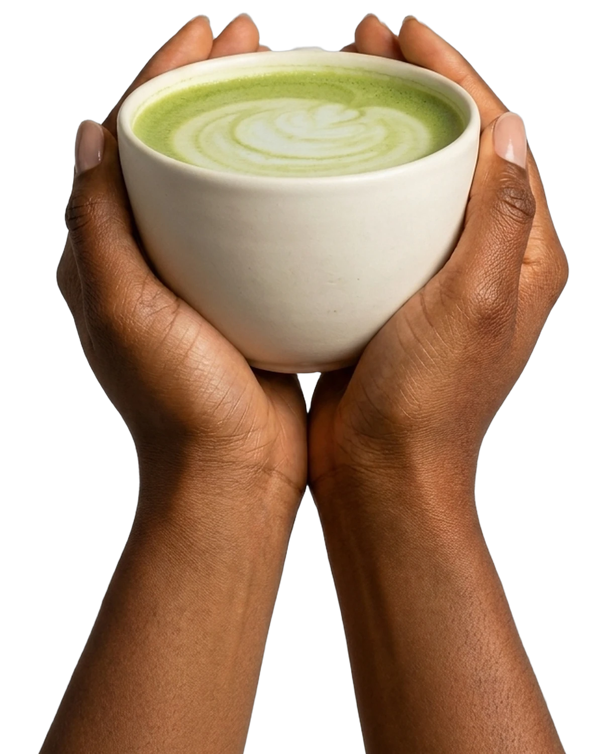 Two hands cupping a matcha latte.
