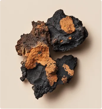 Chaga mushroom photographed close up against a warm beige ground