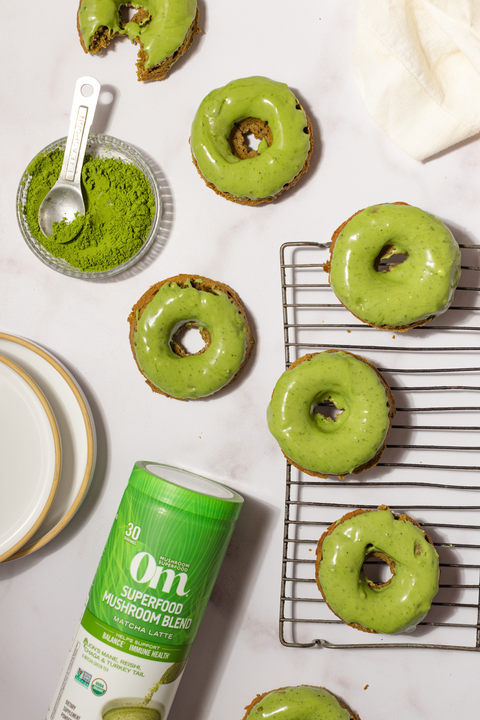 Baked Matcha Latte Donuts with Lion's Mane, Reishi, Chaga and Turkey Tail