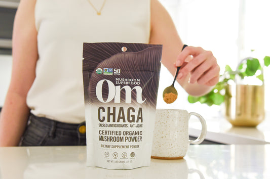 Enjoy the benefits of Chaga tea with Om Mushroom’s Organic Mushroom Powder.