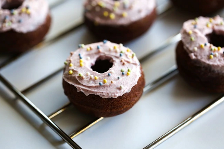 Mini Chocolate Reishi Donuts with Vanilla-Beet Frosting by VitaCost