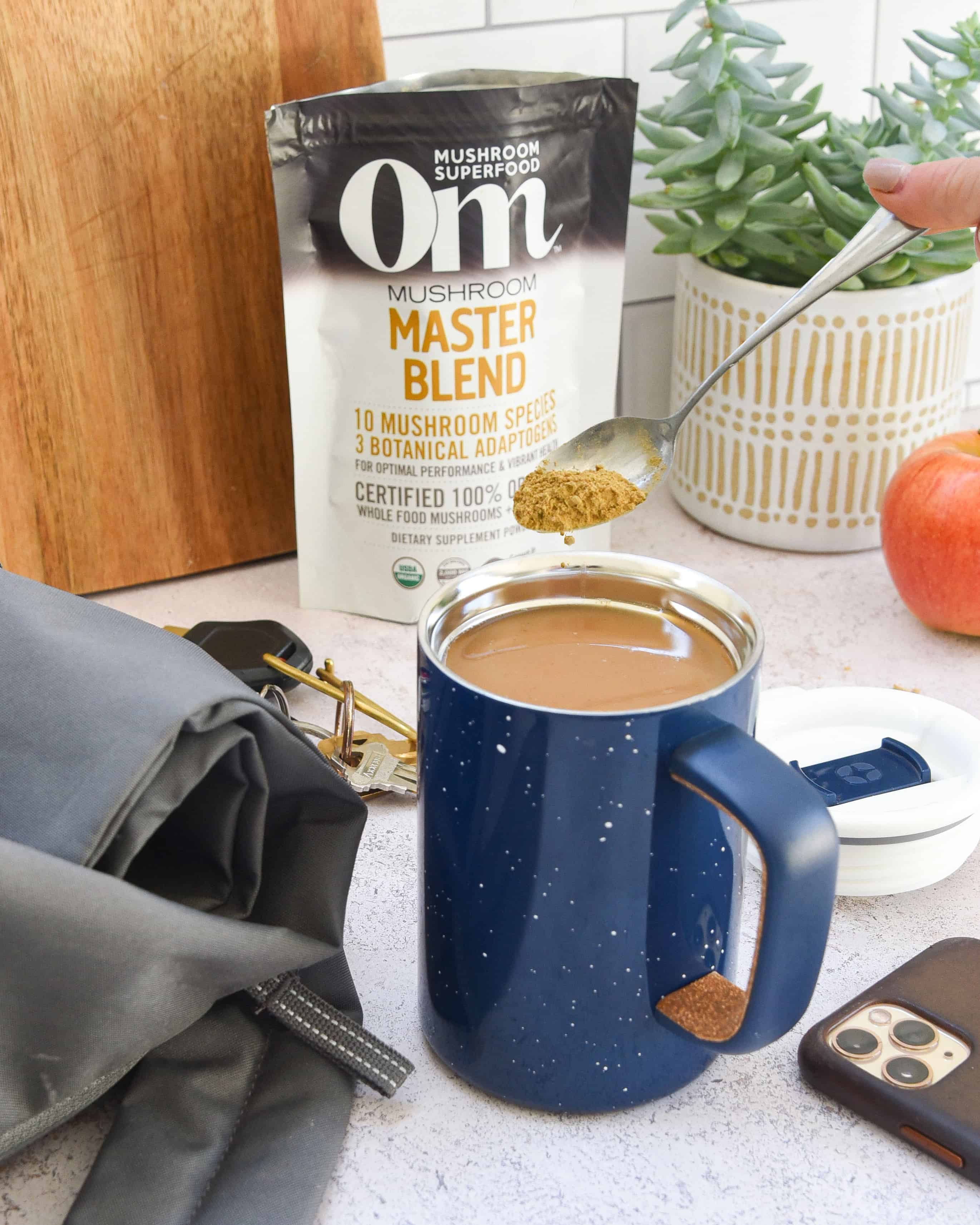 Mug of Om Master Blend coffee for fasting.