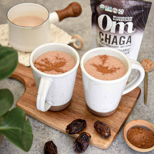 Two cups of Om chaga mushroom coffee for the question, “does chaga have caffeine?