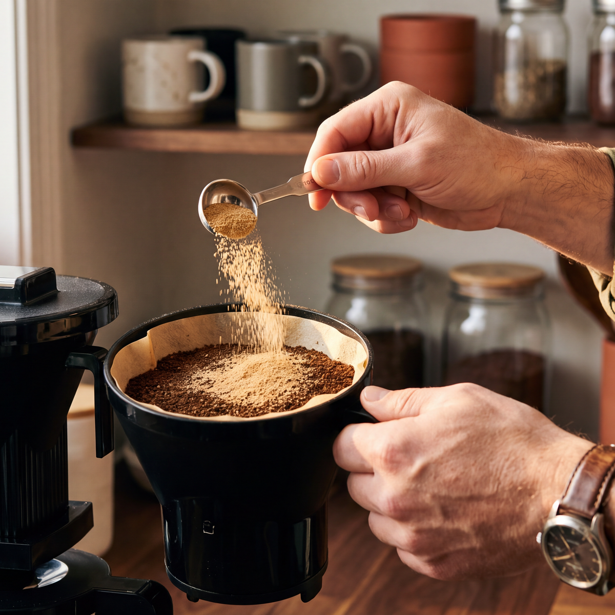 Adding a teaspoon of Focus Coffee Booster to the coffee grounds in a drip machine basket