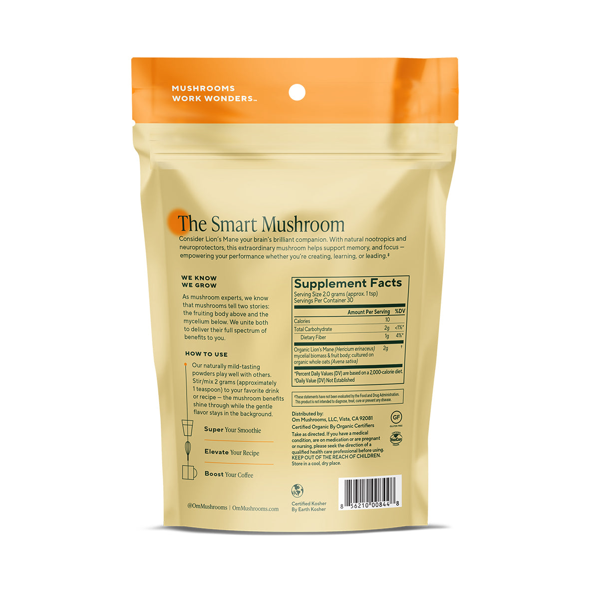 lion’s mane organic mushroom powder, back