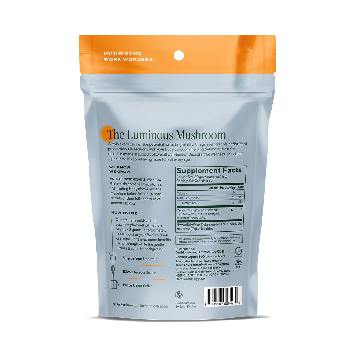chaga organic mushroom powder, back