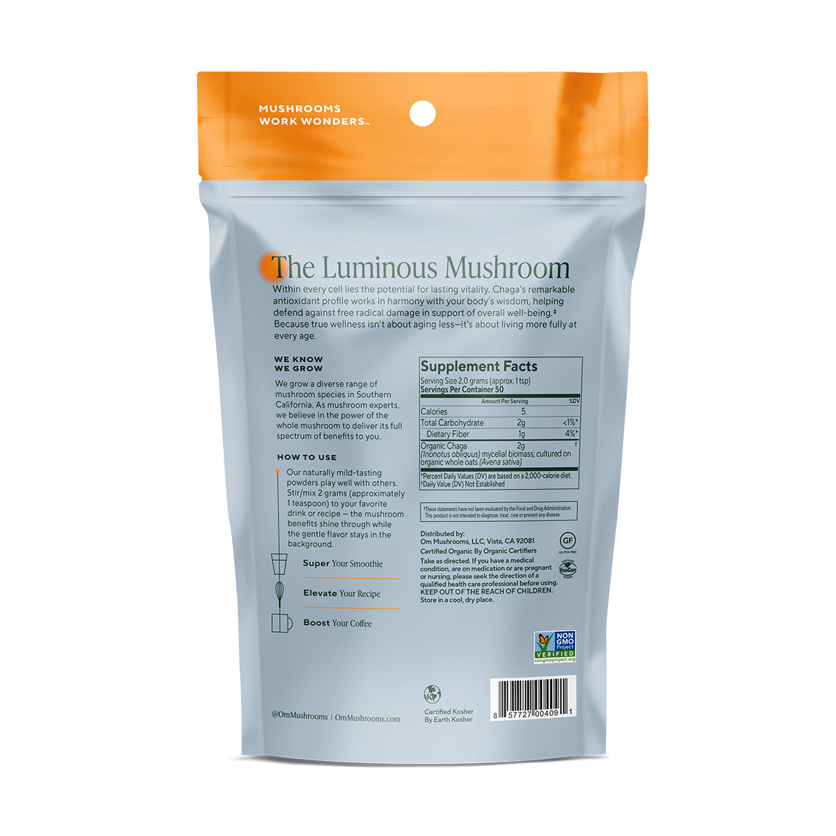 chaga organic mushroom powder, back