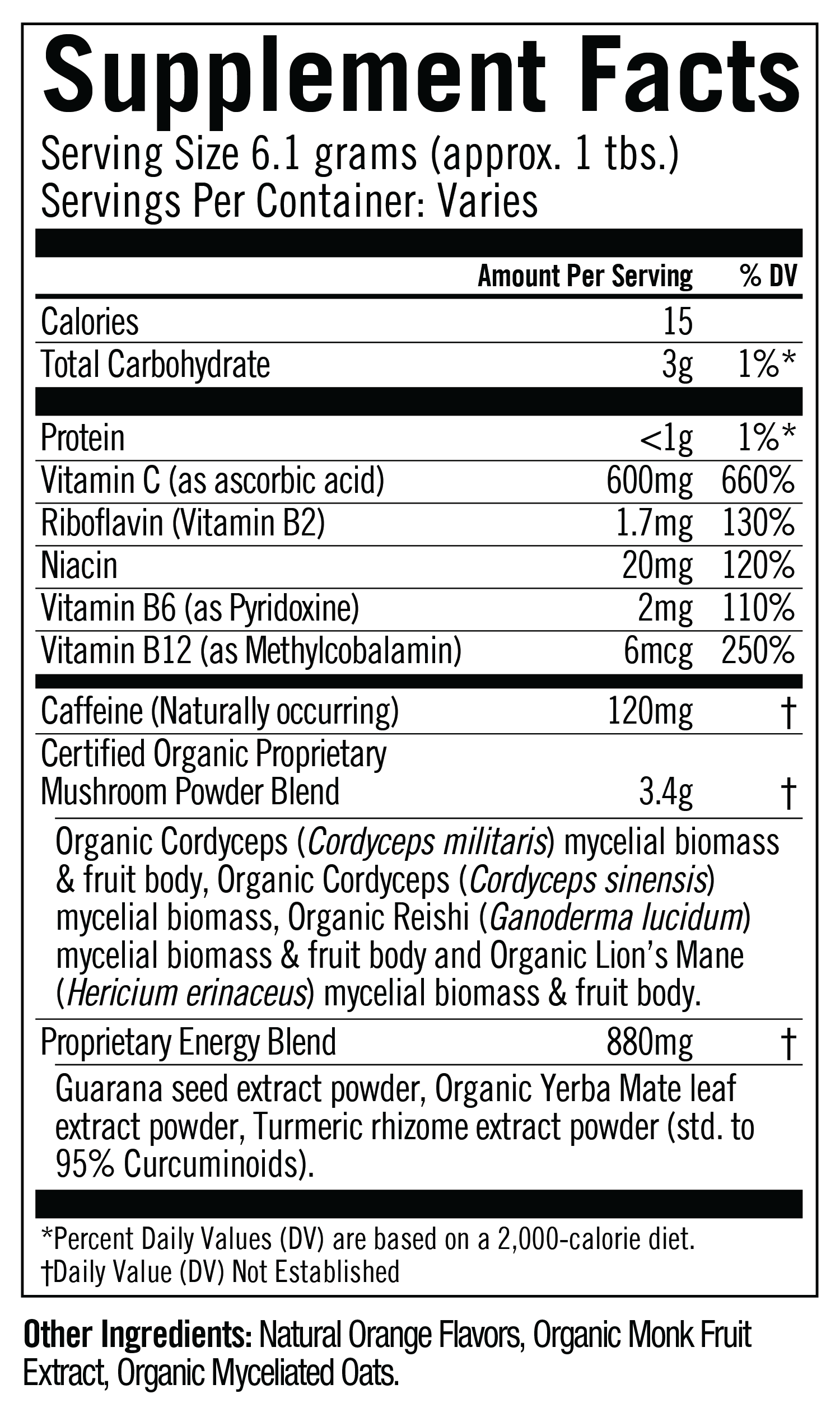 Editing Energy+ Citrus Orange Organic Mushroom Drink Mix - 10 - 6.1g stick packets Supplement Facts