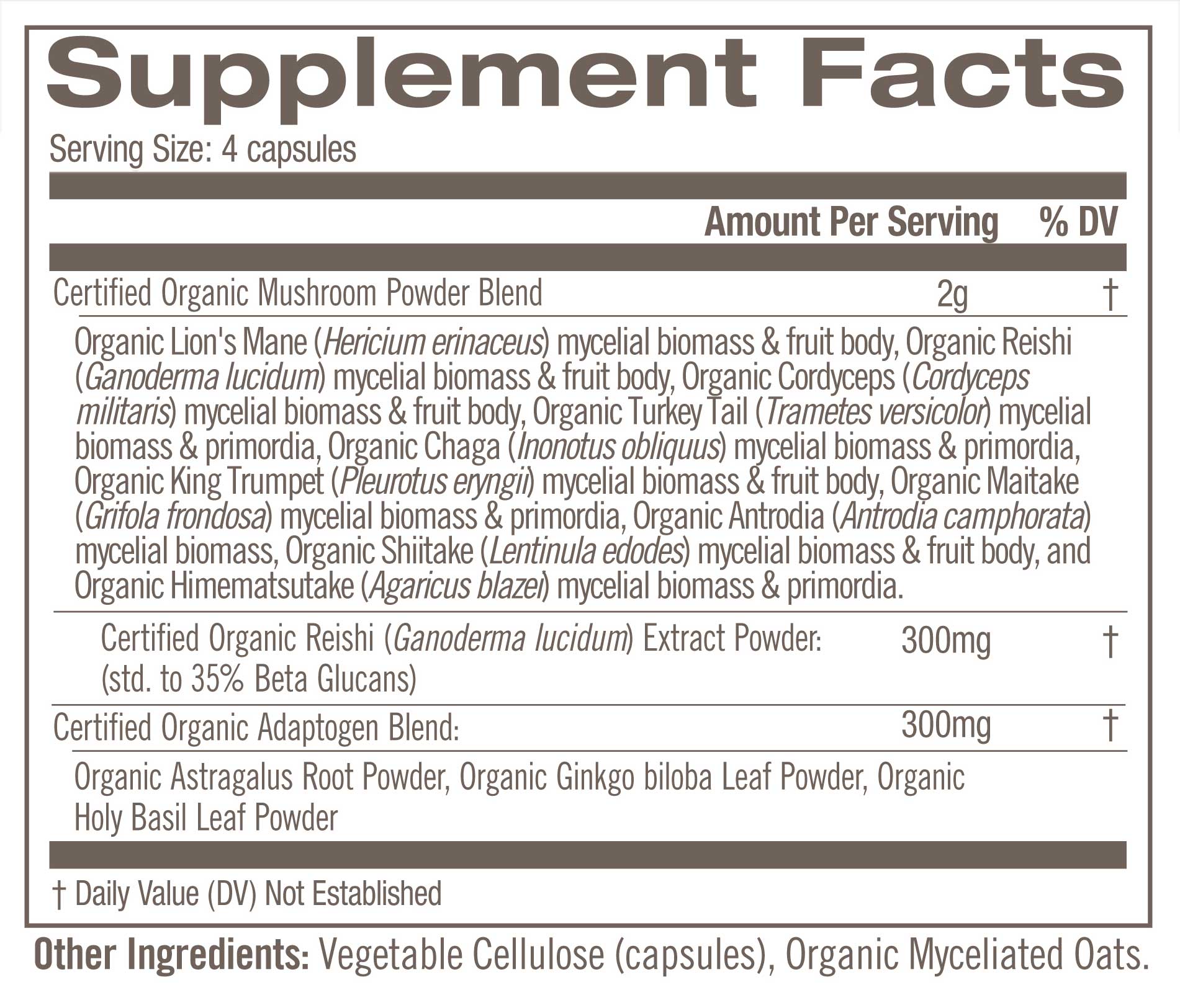 Master Blend Organic Mushroom Capsules Supplement Facts