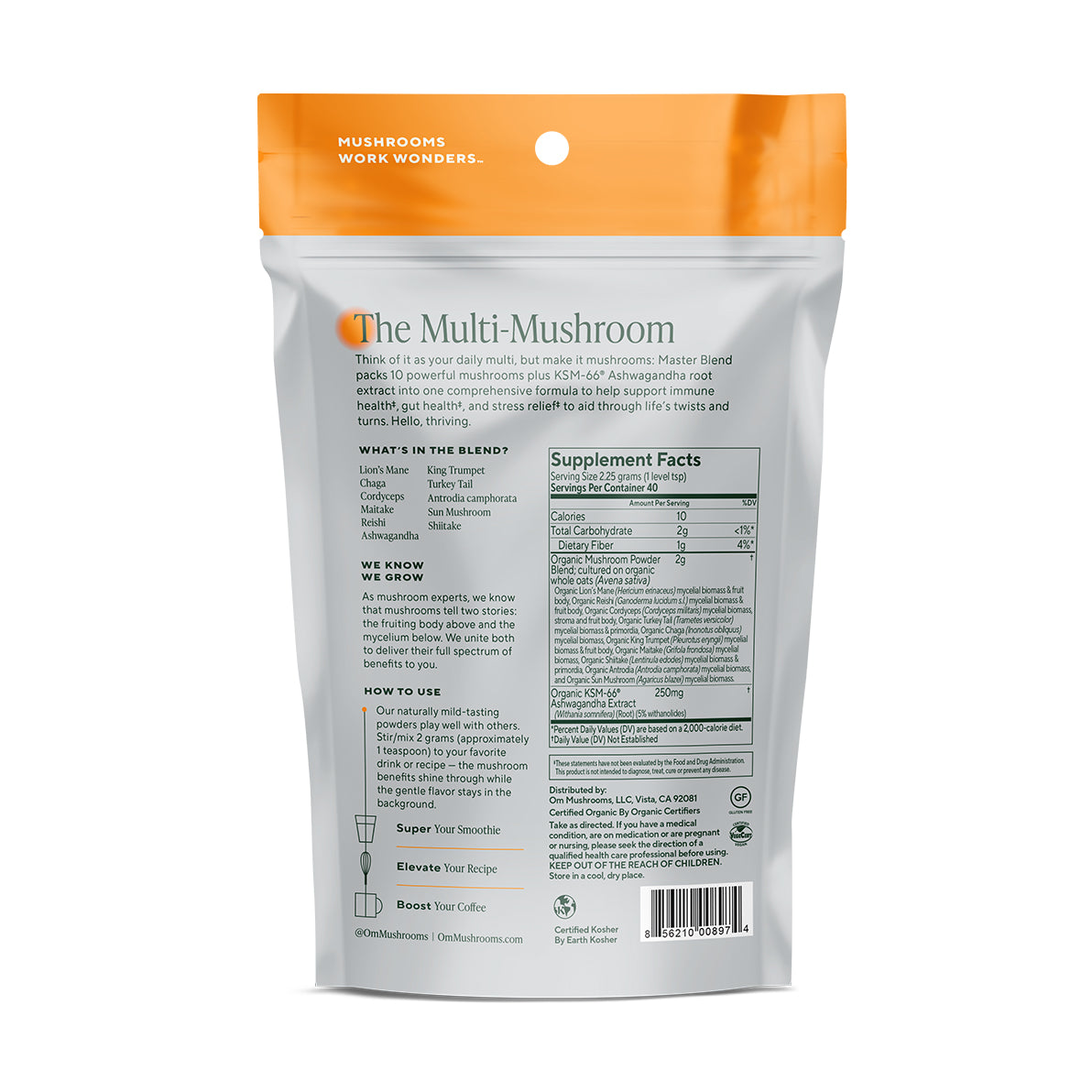 master blend organic mushroom powder, back