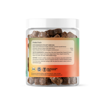 Ommies Turkey Tail+ Soft Chews for Dogs, left panel