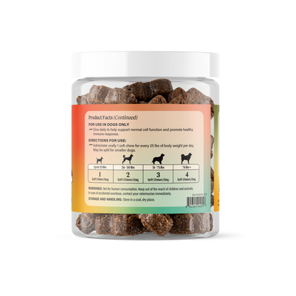 Ommies Turkey Tail+ Soft Chews for Dogs, right panel with supplement facts