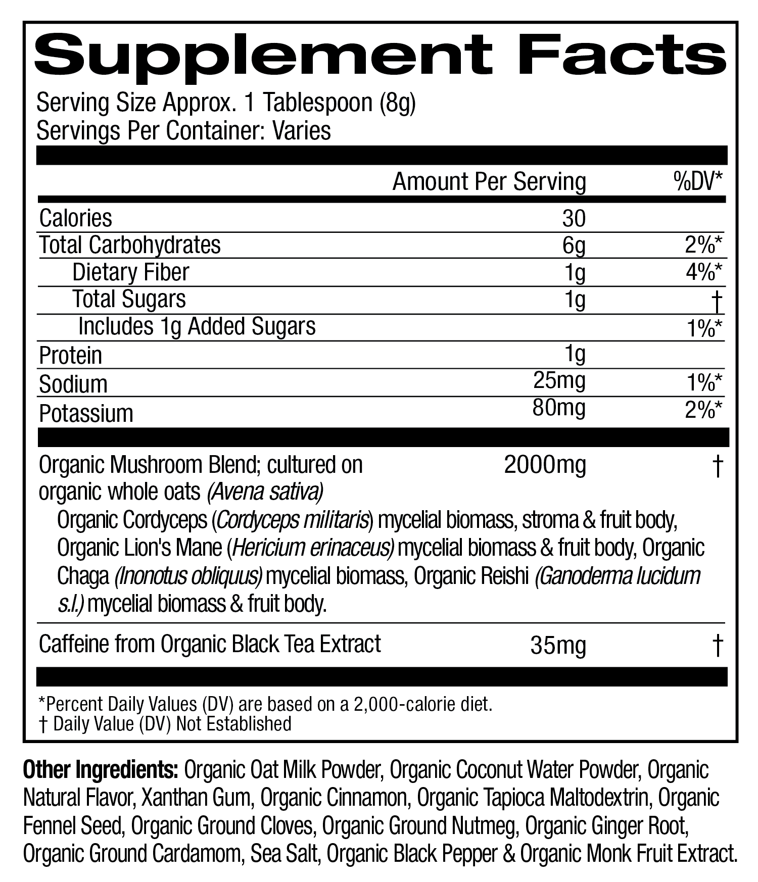 Mushroom Vanilla Chai Latte Blend supplement facts