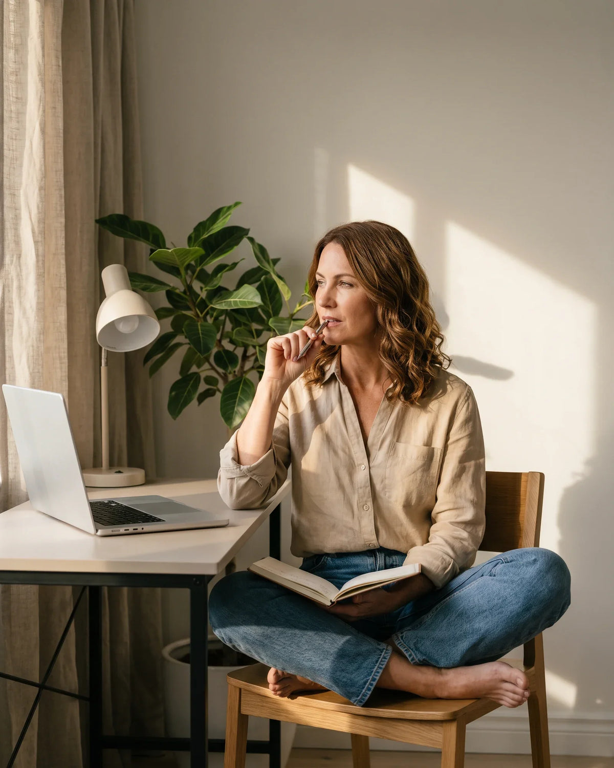 A woman sits cross-legged in a desk chair with a book, pen at her lips, in warm afternoon light.