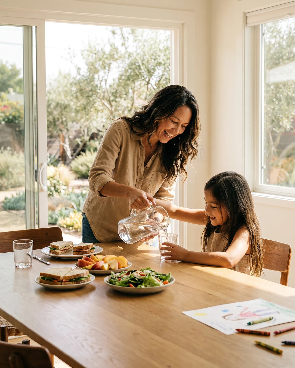 A mother pours water at a sunny lunch table while her daughter colours.