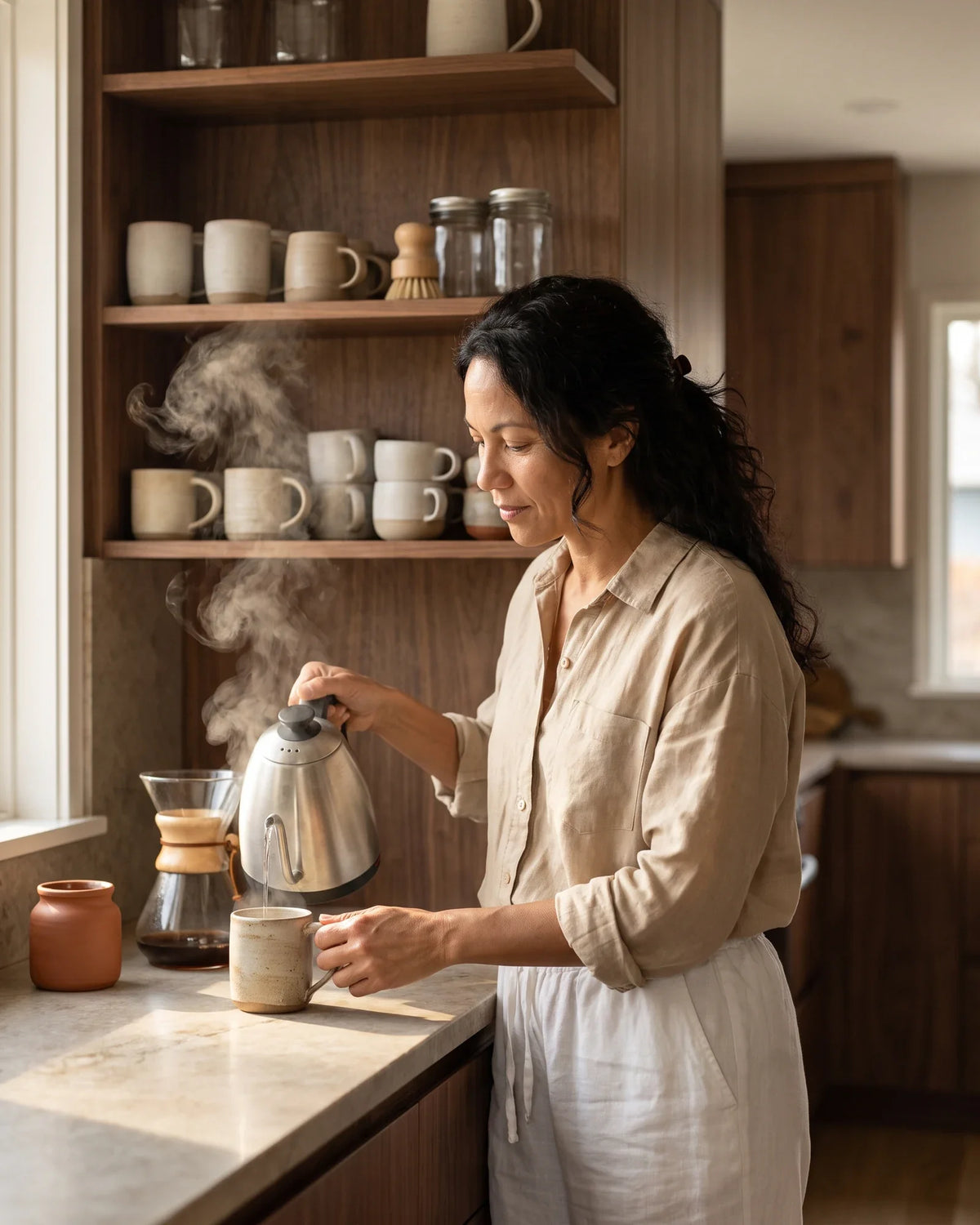 A woman pours from a kettle into a pour-over beside a carafe in a morning kitchen.