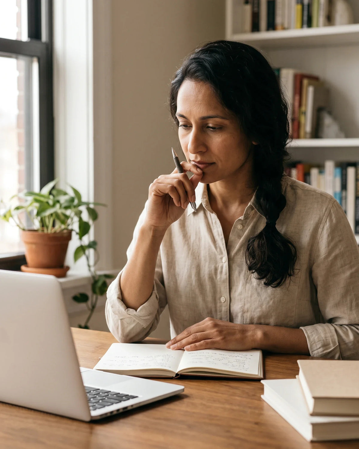 A woman thinks with a pen at her lips while working at a sunny desk.
