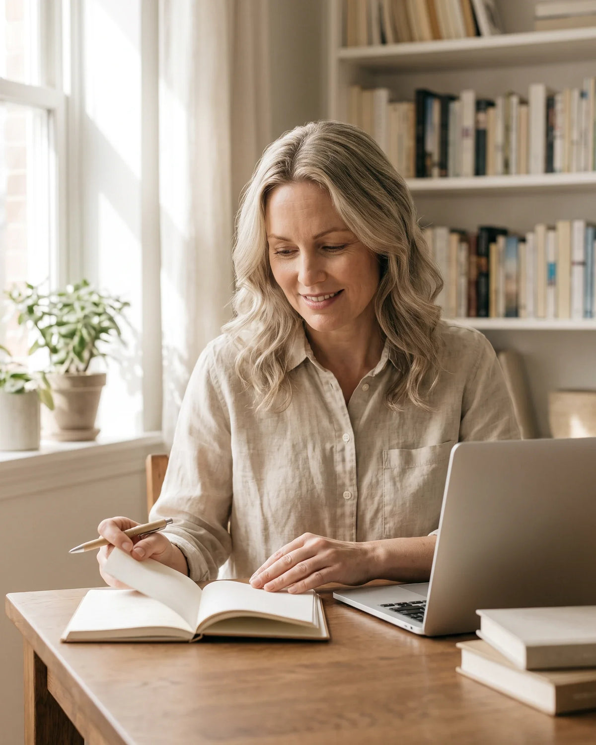 A woman reads her notes beside an open laptop at a bright desk lined with books.