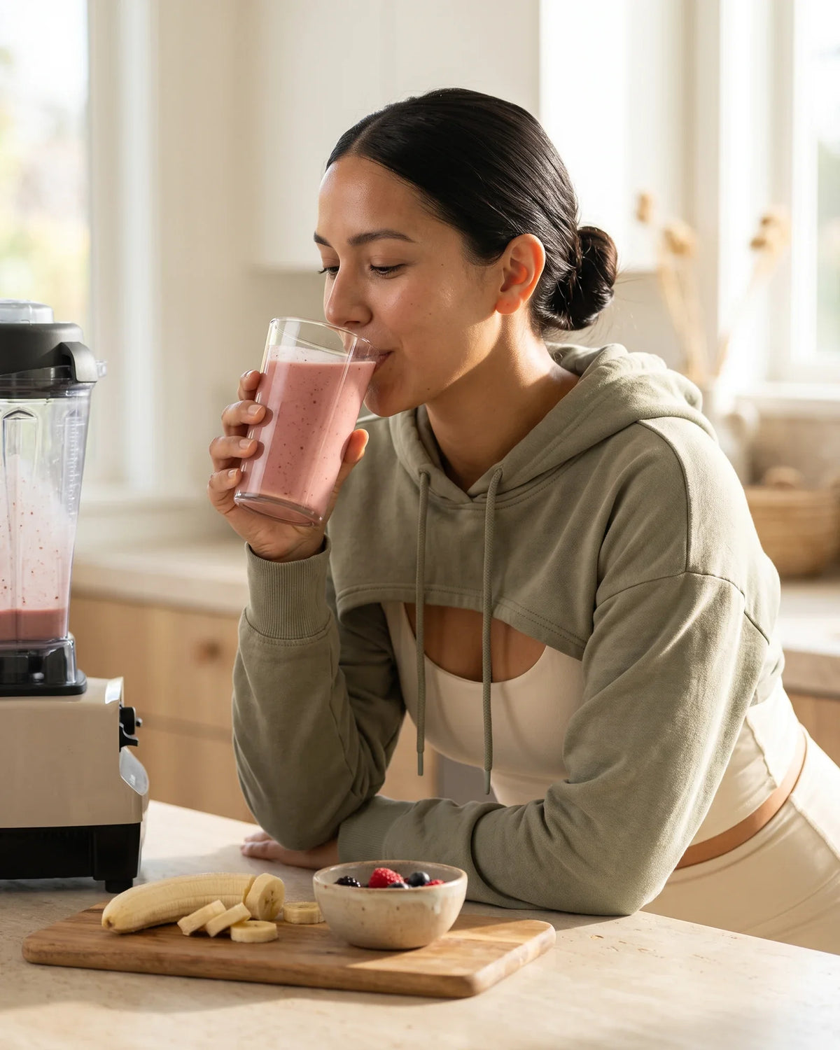 A woman drinks a pink smoothie at a kitchen counter.
