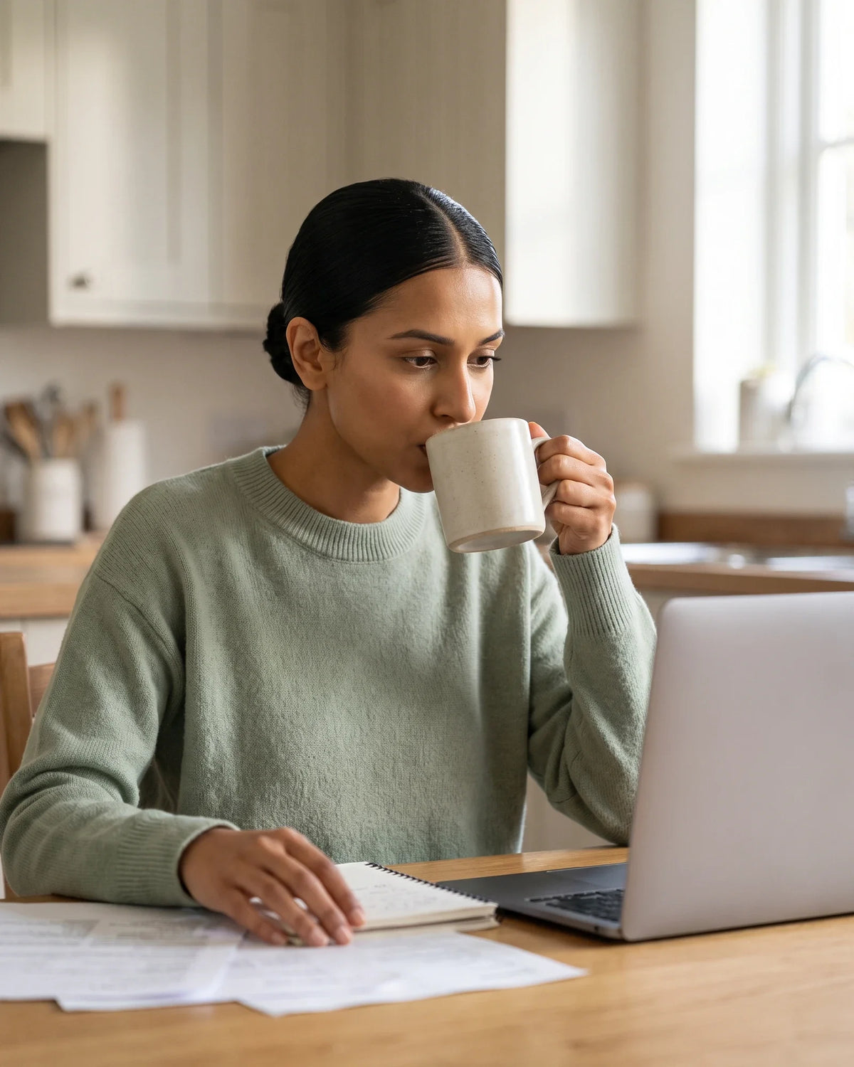 A woman sips from a mug while working at a laptop on her kitchen table.