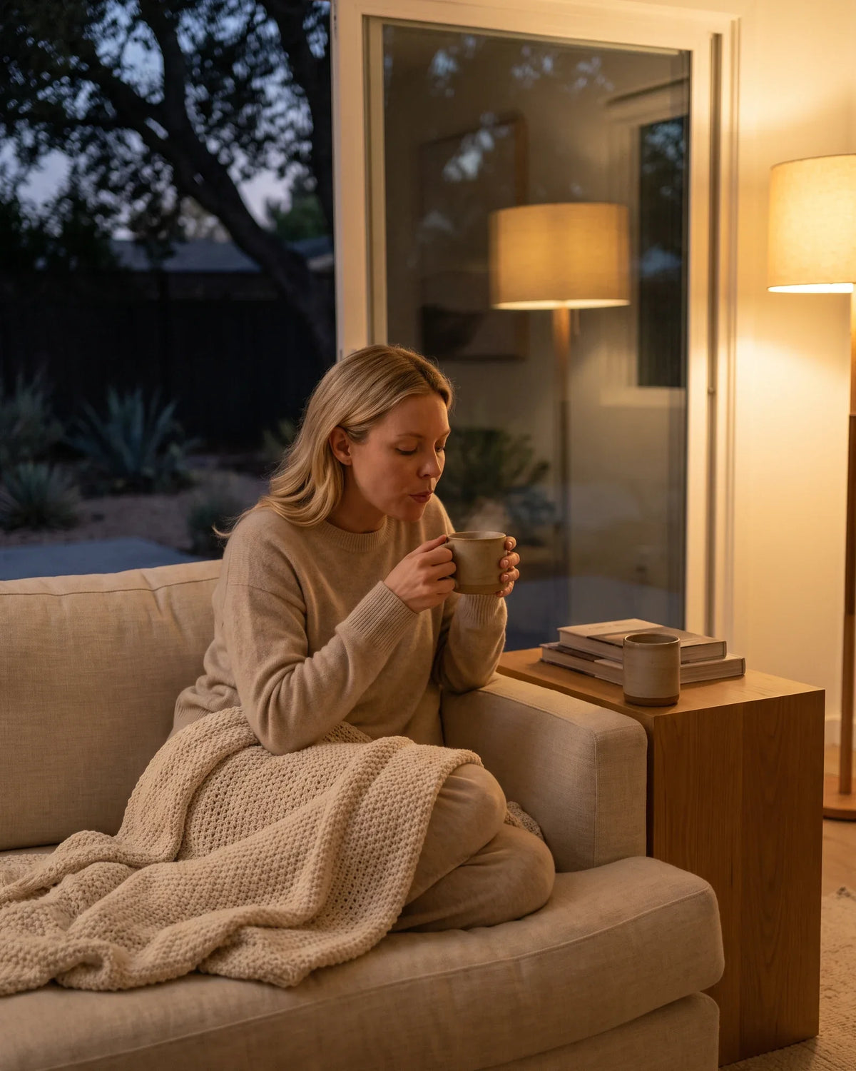 A woman wrapped in a blanket sips from a mug on a sofa at dusk.