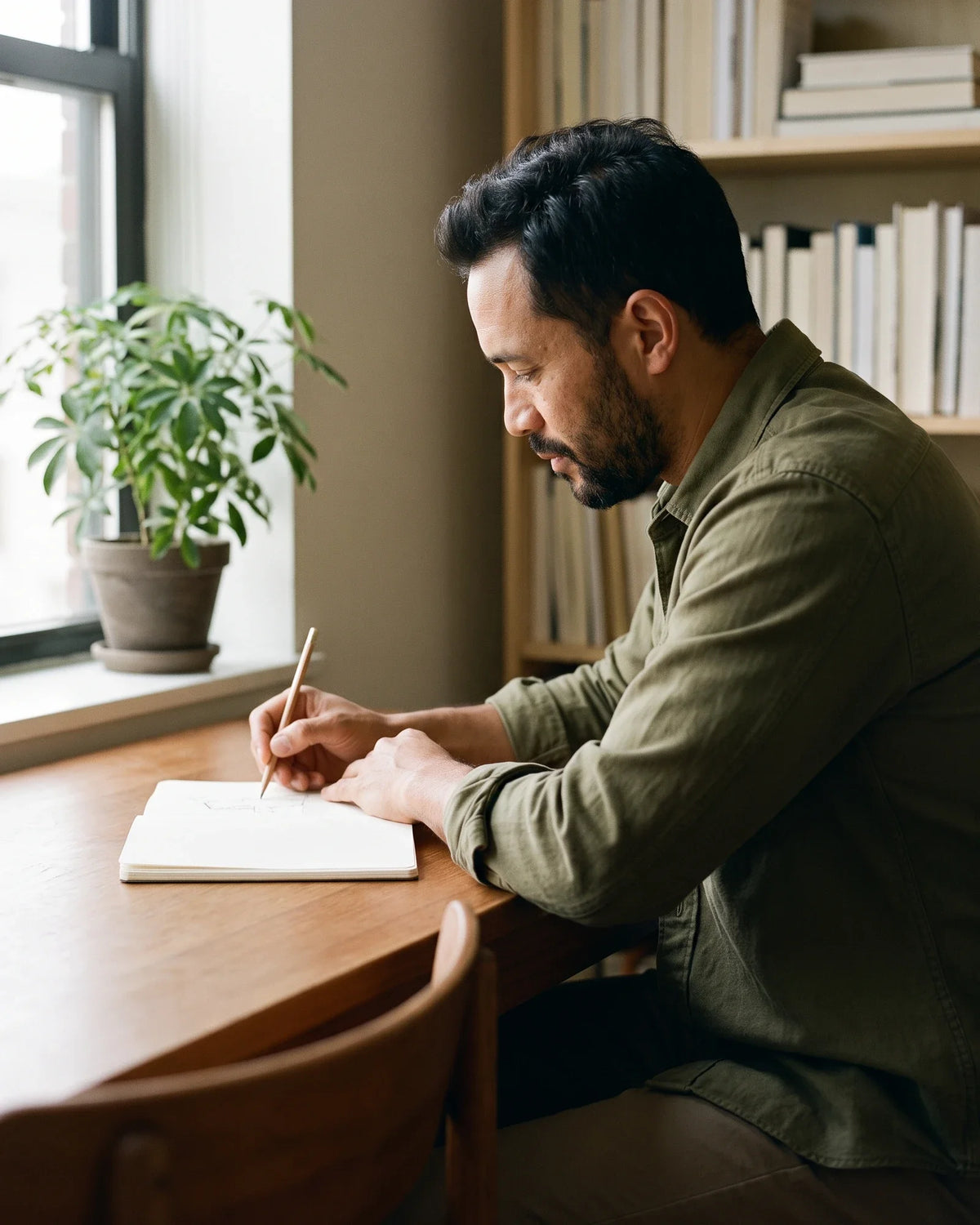 A man sketches in a notebook at a desk by a bright window.