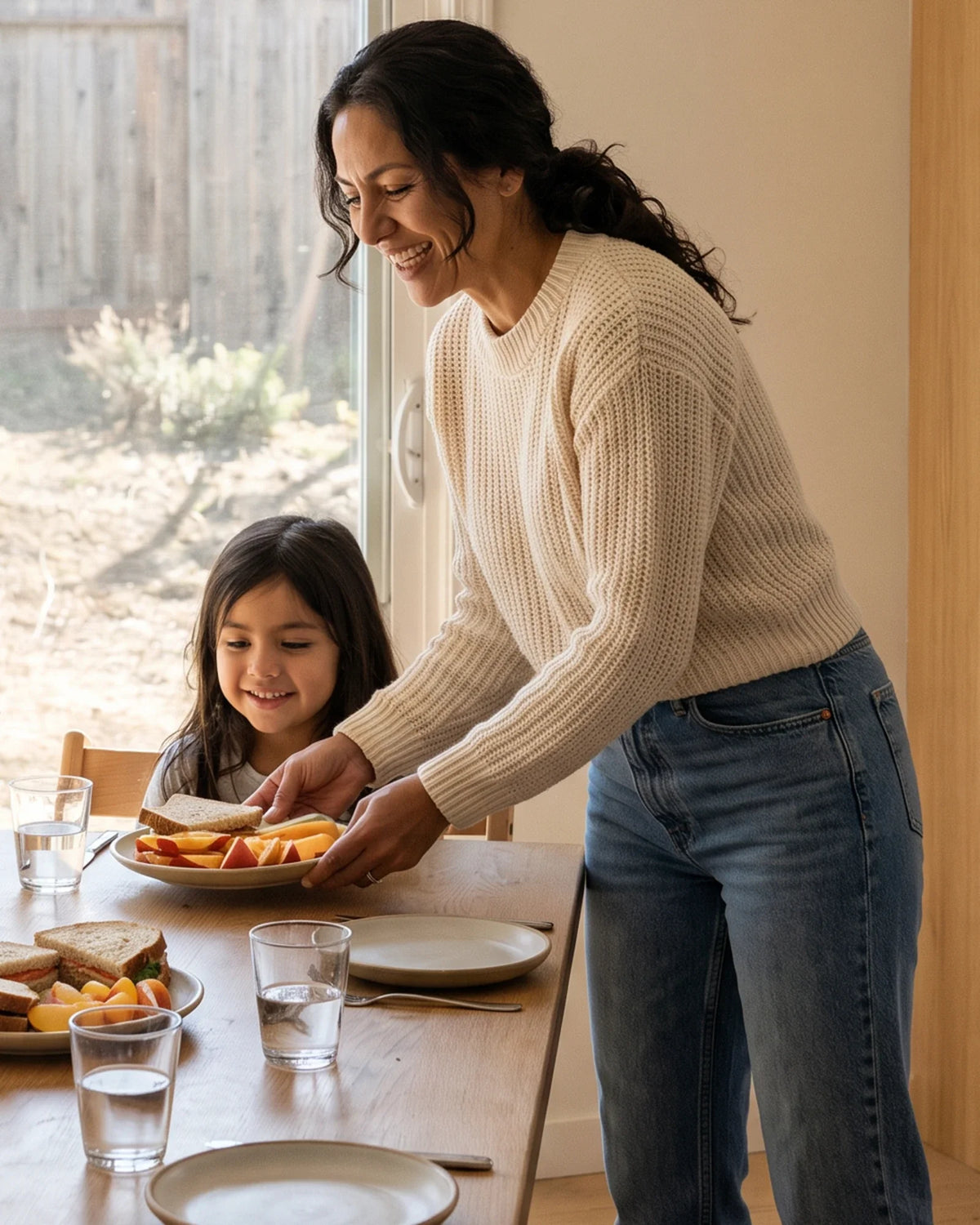 A mother serves a plate of fruit to her daughter at the kitchen table.