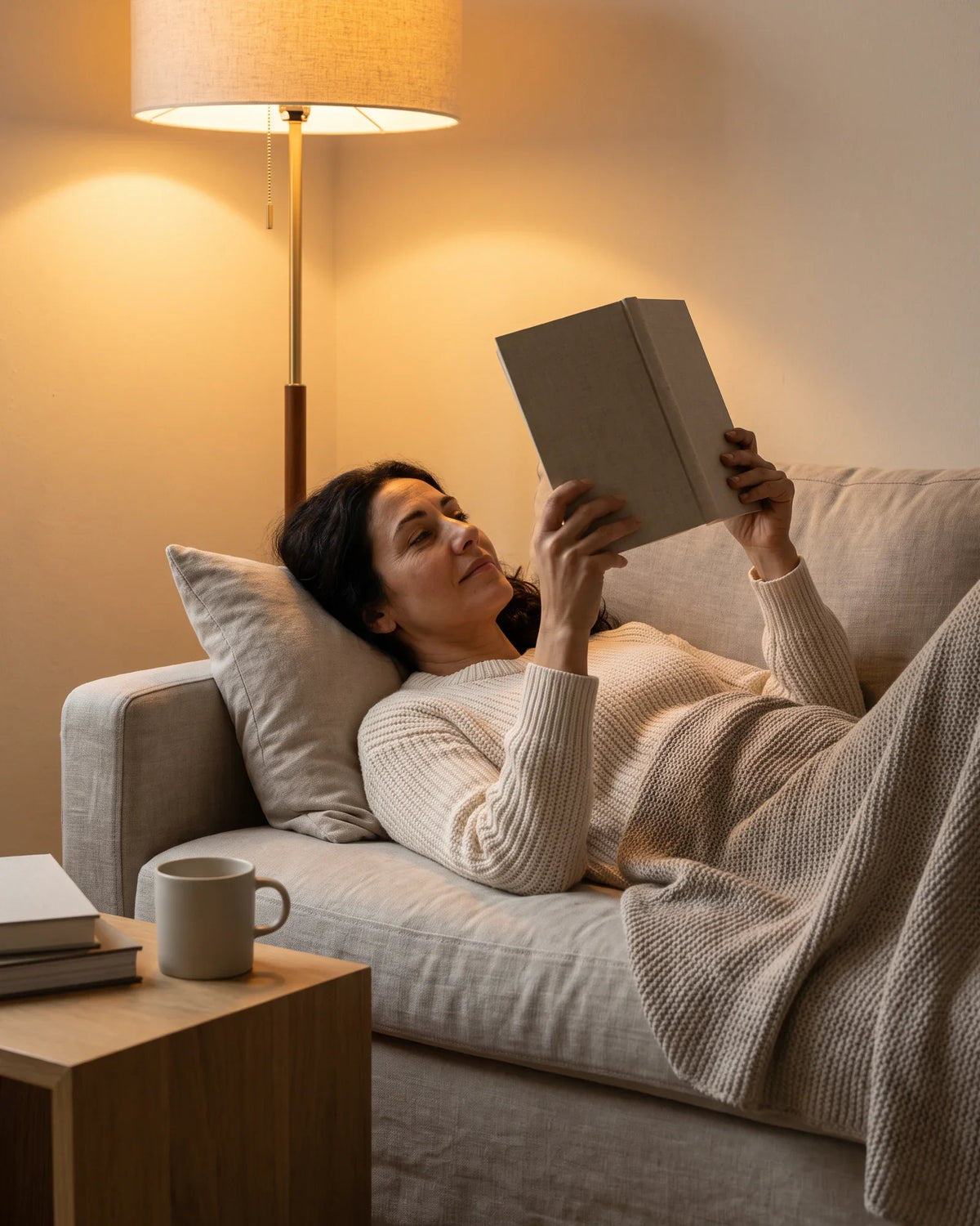 A woman lies back on a sofa reading a book by lamplight.