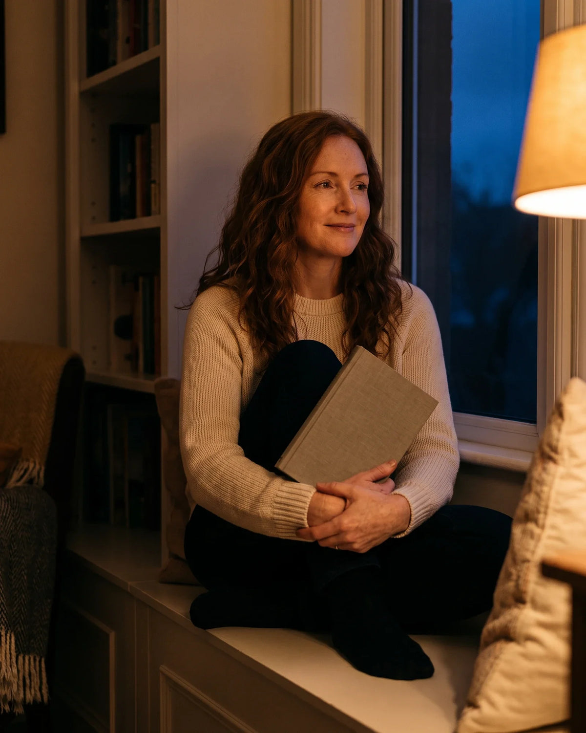 A woman sits on a window seat at dusk, hugging a book and smiling to herself.