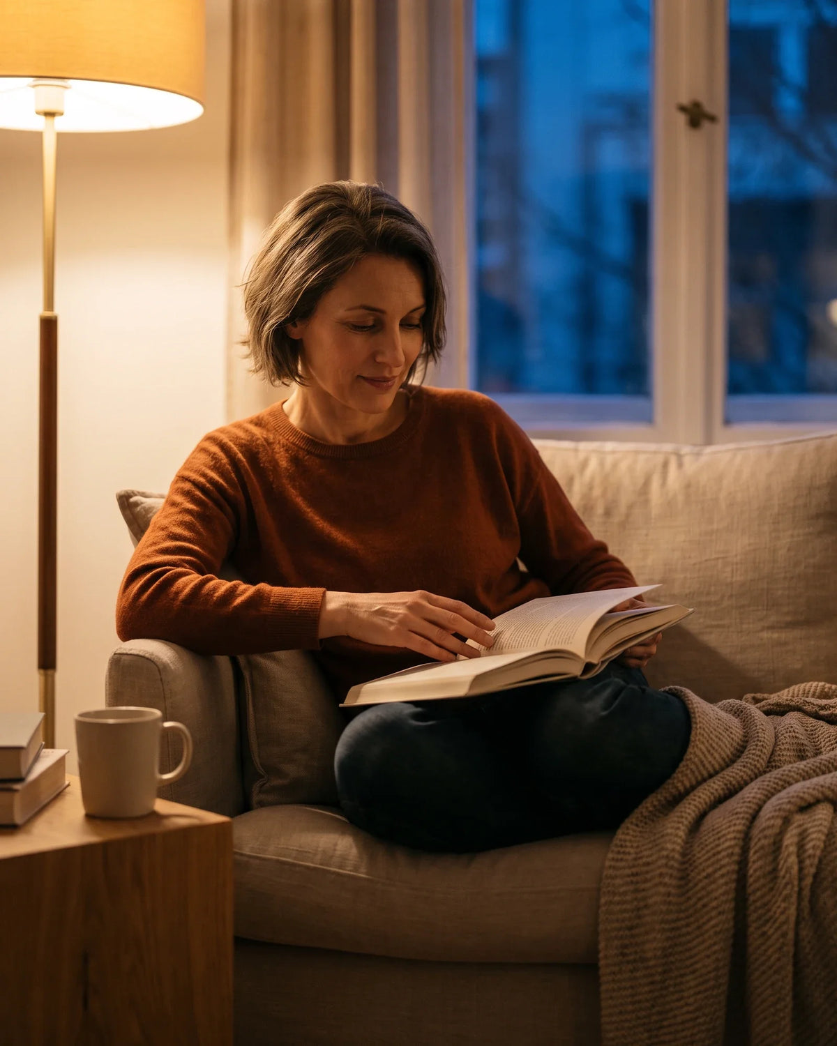 A woman in a rust sweater reads on the sofa beside a glowing floor lamp.