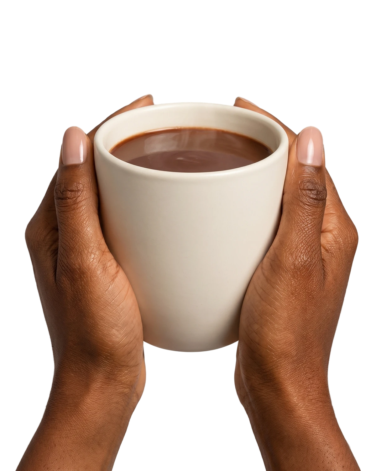 Two hands around a mug of hot chocolate.