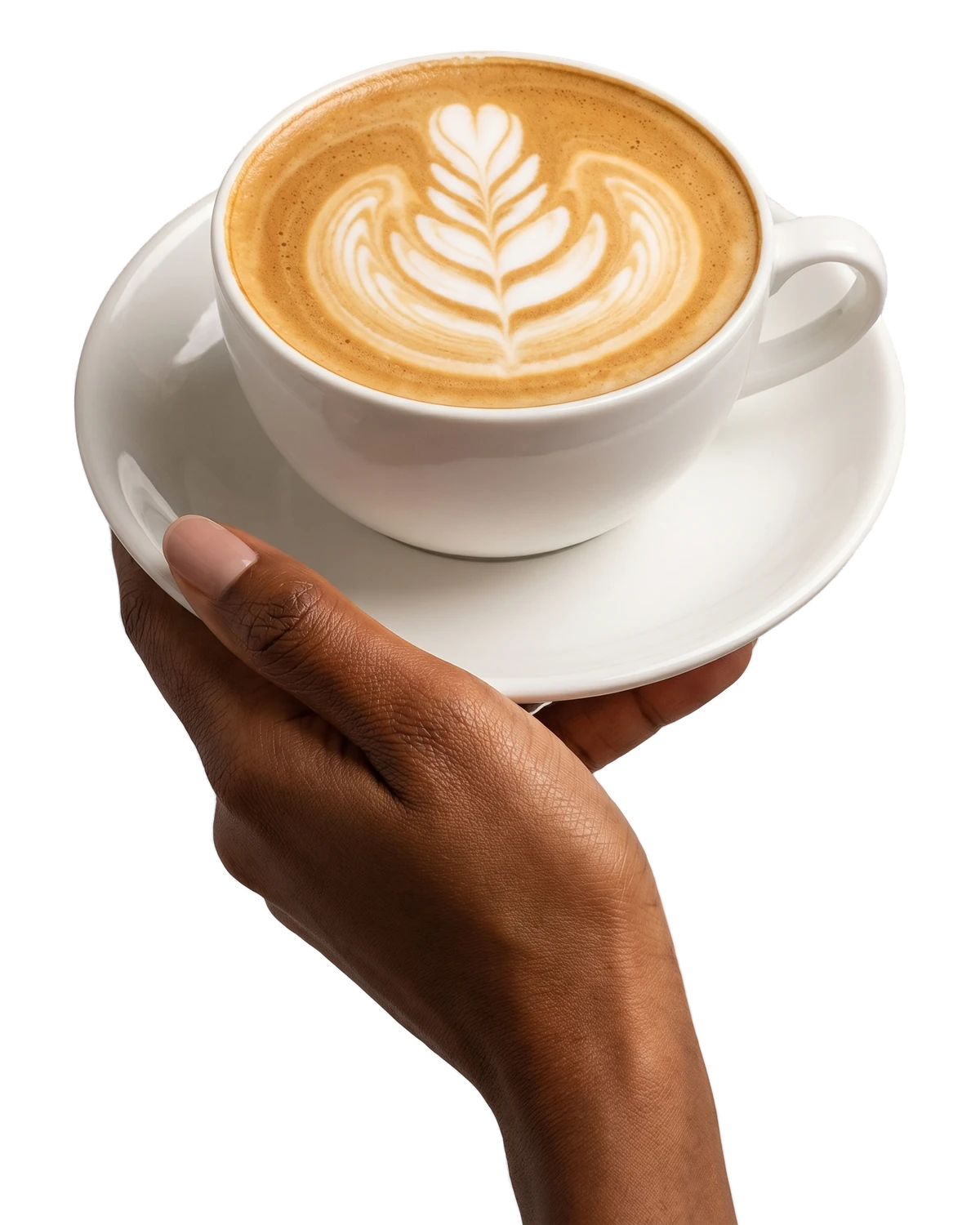 A hand holding a latte with foam art on a saucer.