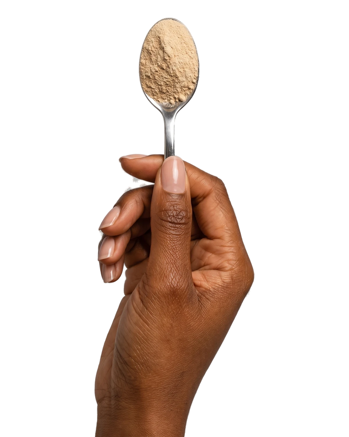 A hand holding up a small spoon of mushroom powder.