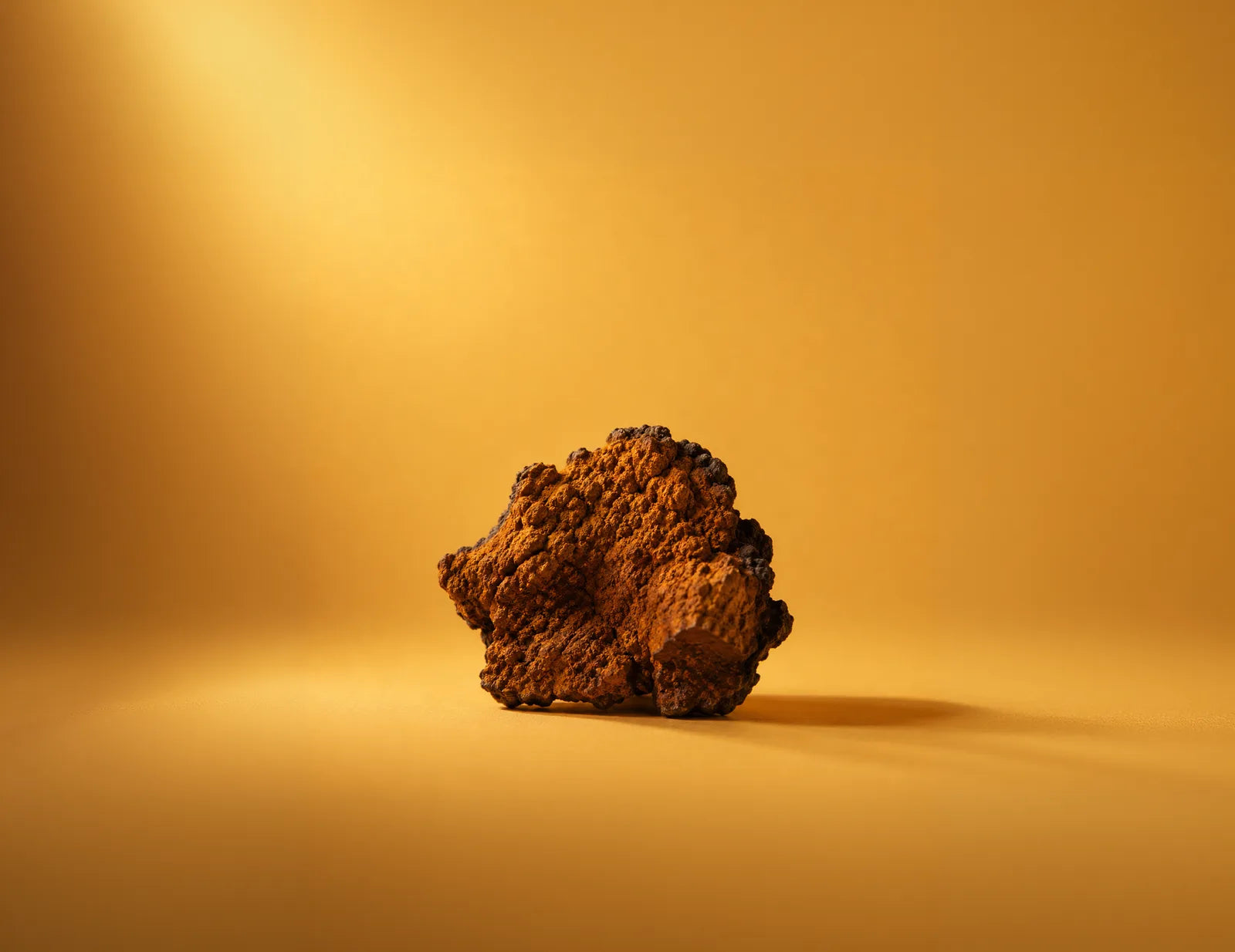 A dark, cracked piece of Chaga on an amber gold ground.